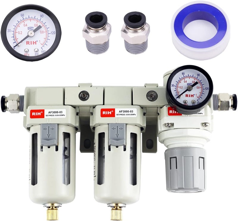 RIH Store Pneumatics DFR-03 3/8'' NPT Compressed Air Double Filter & Regulator, Air Drying System, Air Compressor Water Separator, Semi -Auto Drain, Poly Bowl,0-150 psi Gauge, 5 Micron Brass Element - Image 1